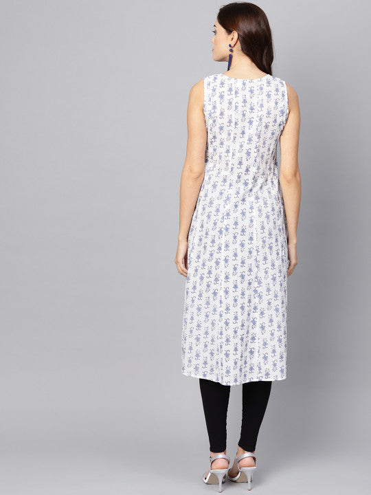 Women White & Blue Printed A-Line Kurta