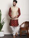 Sojanya Men Maroon & Gold Floral Straight Kurta Churidar & Sequined Nehru Jacket