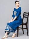 ISHIN Blue Printed A-Line Kurta With Palazzo (Set of 2)