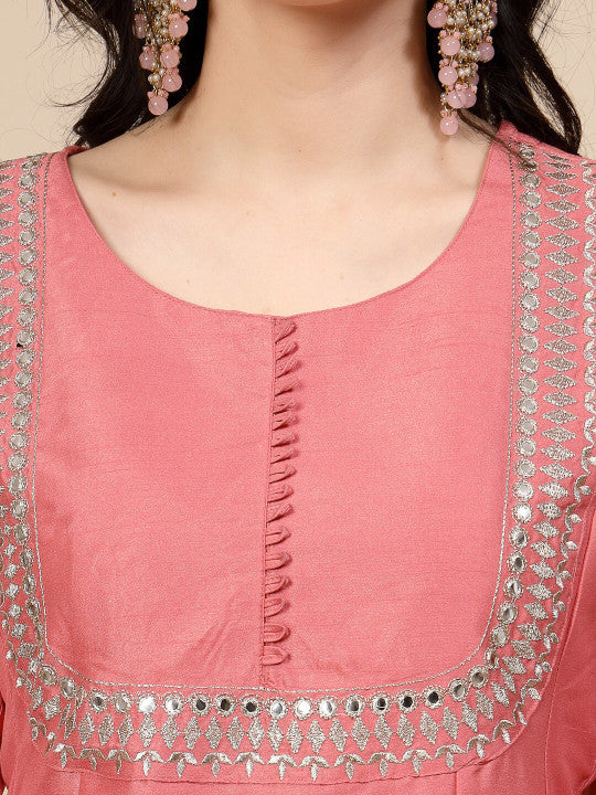 Sangria Peach-Coloured Mirror Work Embroidered Anarkali Kurta & Trousers With Dupatta