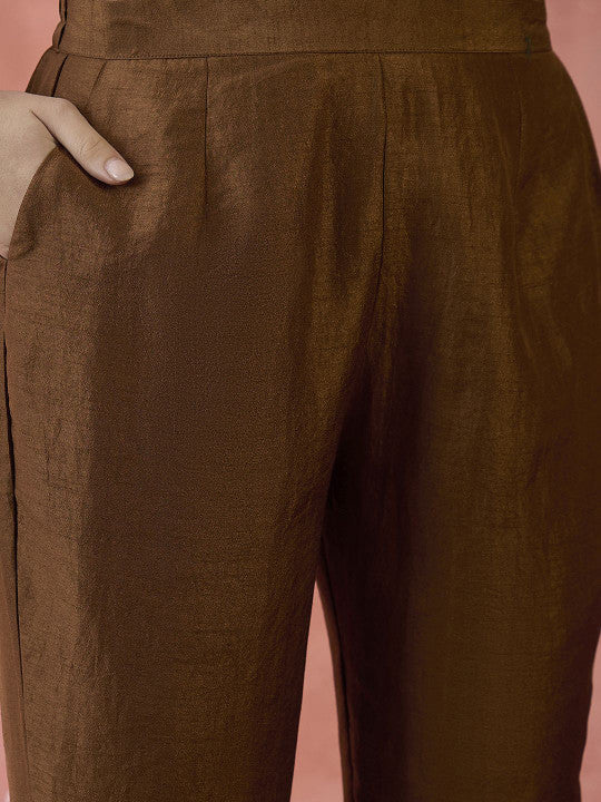 Floral Embroidered Sequinned A-Line Kurta With Trousers & Dupatta