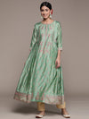 ISHIN Womens Silk Blend Mint Green Embellished Anarkali Kurta