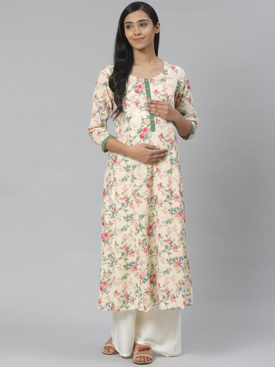 Women Cream-Coloured & Green Floral A-Line Maternity Kurta