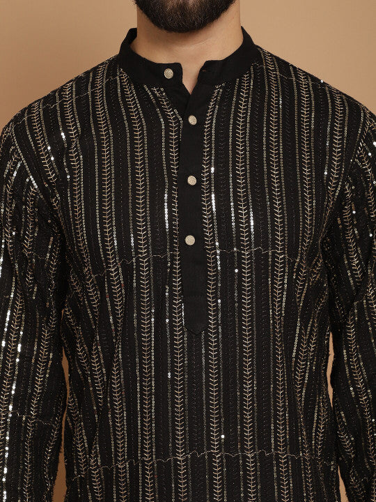 Anouk Black Striped Band Collar Sequinned Detailed Cotton Straight Kurta