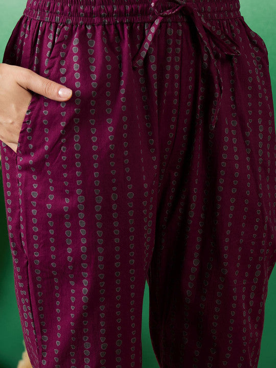 Sangria Printed Pure Cotton Straight Kurta With Trousers & Dupatta