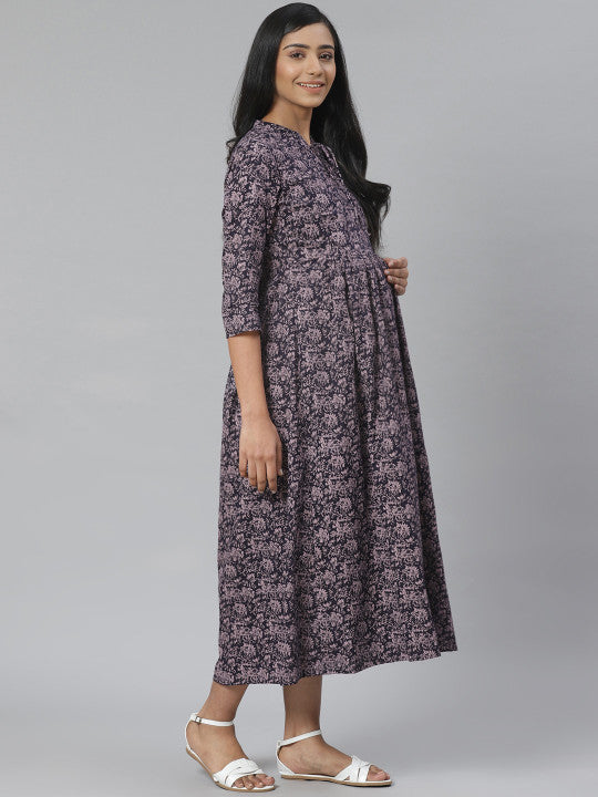 Women Navy Blue & Pink Printed Pure Cotton Maternity A-Line Dress