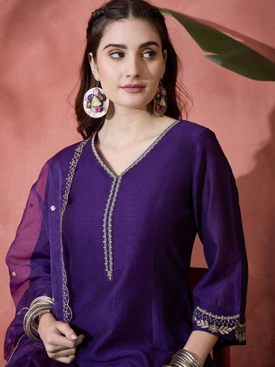 Sangria Floral Embroidered V-Neck A-Line Kurta With Trousers & Dupatta