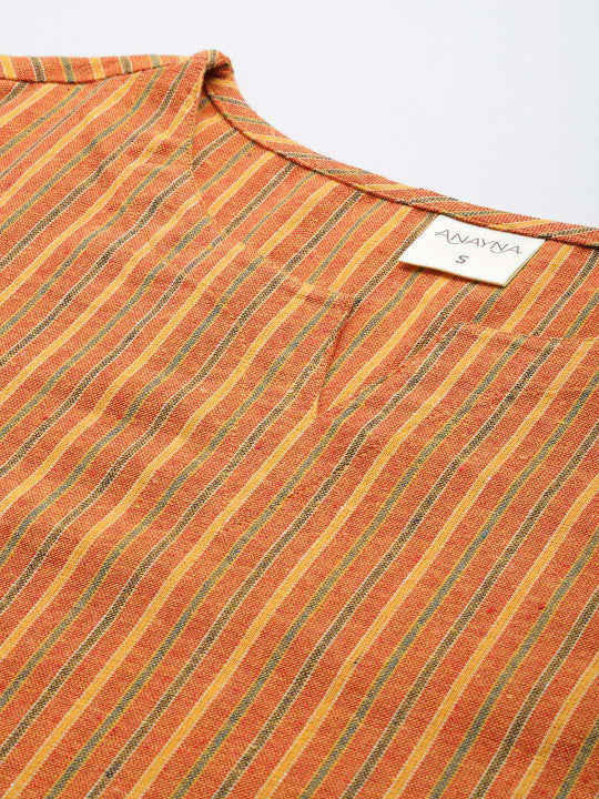 anayna Women Striped Regular Pure Cotton Kurta with Trousers