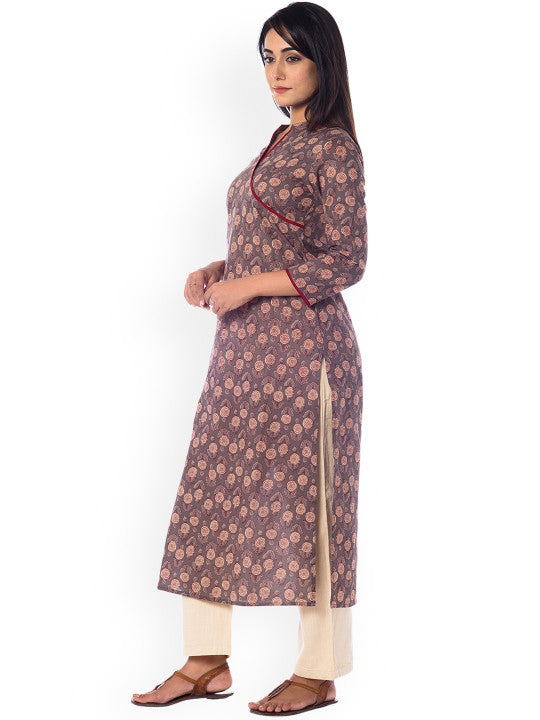 anayna Women Taupe & Red Printed Straight Kurta