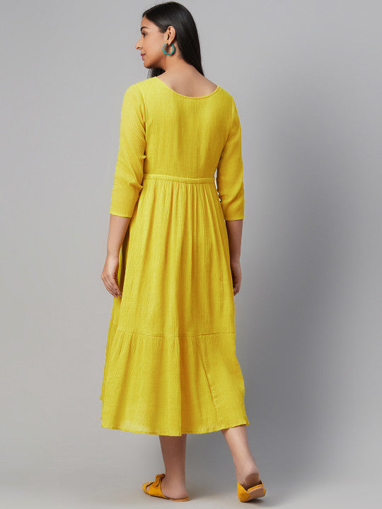 Women Lime Green Solid Tiered Maternity A-Line Dress