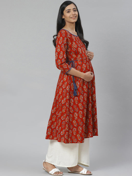 anayna Women Rust Red & Orange Block Print A-Line Maternity Kurta