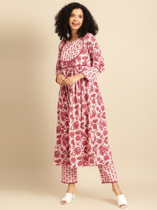 anayna Women Pink Printed Kurta with Trousers