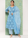 Yufta Plus Size Floral Printed Regular Pure Cotton Kurta with Trousers & Dupatta