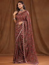 Sangria Maroon Floral Printed Beads And Stones Sarees