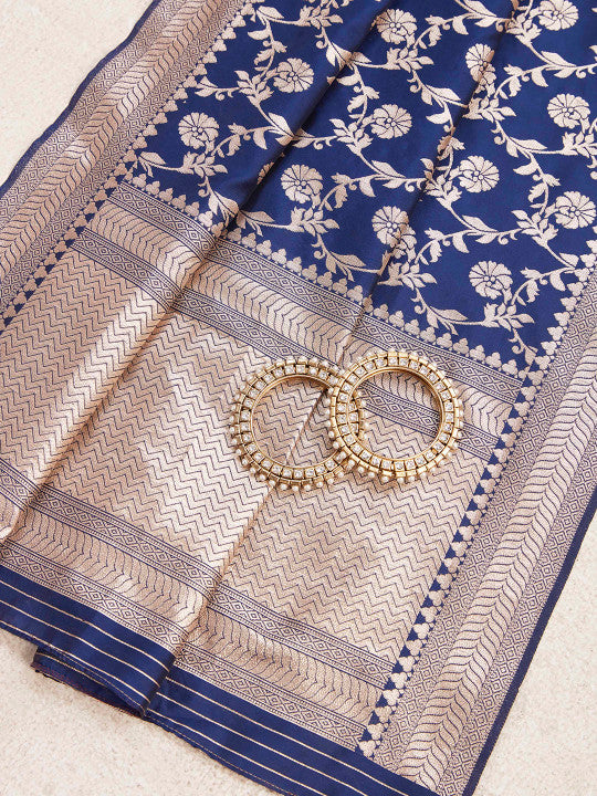 Sangria Navy Blue Ethnic Motifs Woven Design Straight Kurta With Trousers & Dupatta