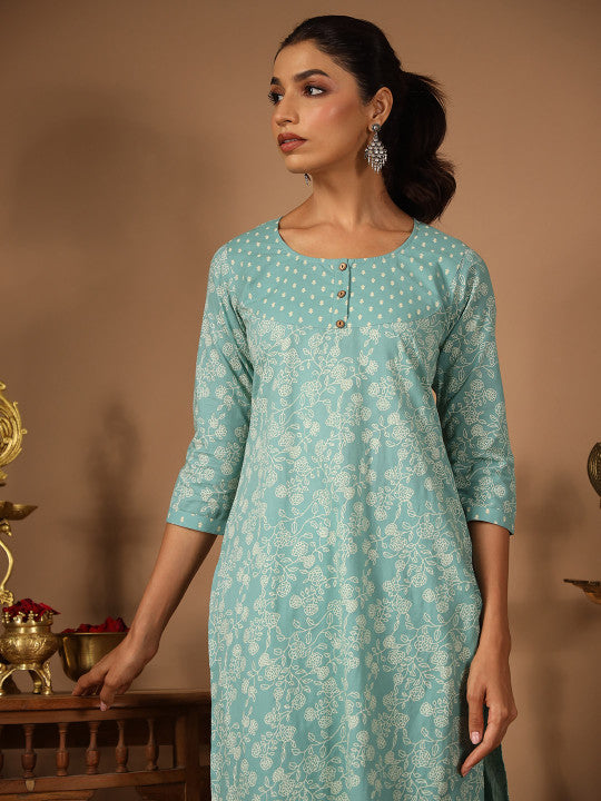 anayna Floral Printed Regular Pure Cotton Kurta with Trousers