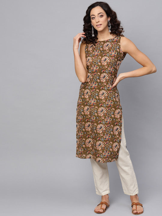 anayna Women Olive Brown & Cream-Coloured Floral Printed Straight Kurta