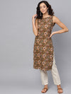 Anayna Women Olive Brown & Cream-Coloured Floral Printed Straight Kurta