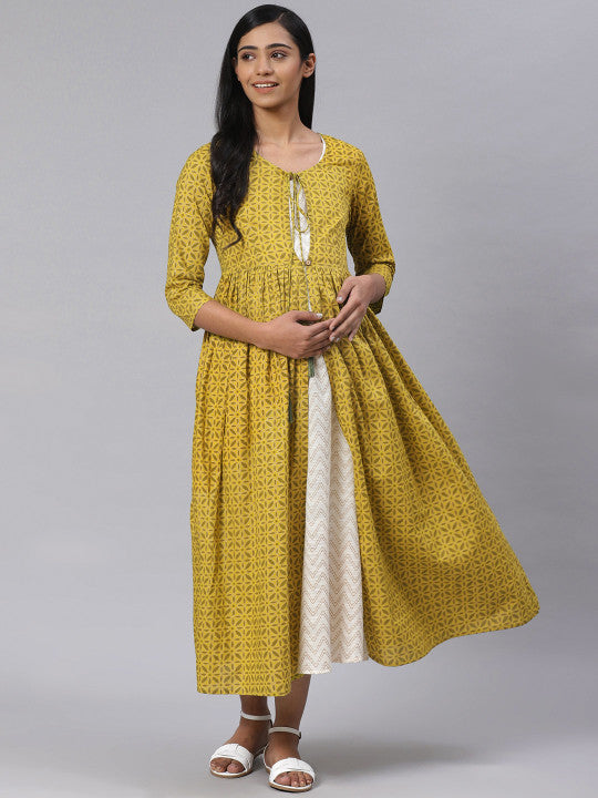 anayna Women Green & Off-White Printed Pure Cotton Maternity Layered A-Line Dress
