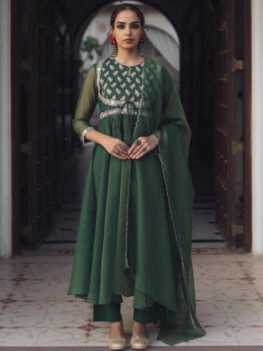 anayna Women Ethnic Motifs Embroidered Panelled Kurta with Trousers & With Dupatta