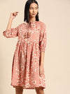 All about you Pure Cotton Floral Print Tie-Up Neck Puff Sleeve A-Line Dress