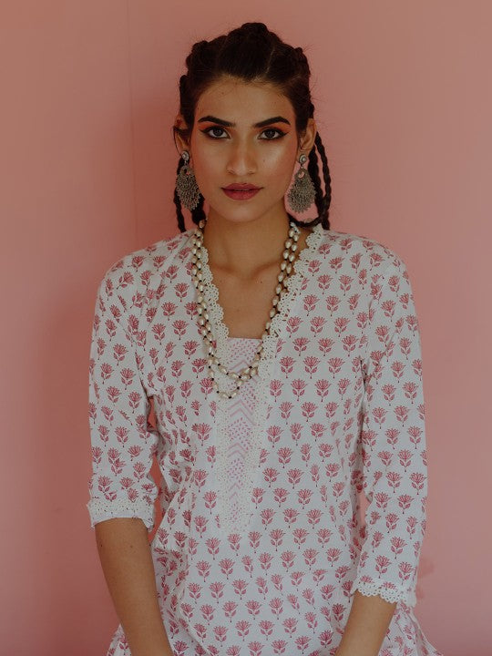 anayna Women White & Pink Printed Kurta with Palazzos