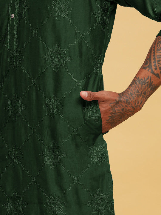 Anouk Green Ethnic Motifs Embroidered Band Collar Thread Work Cotton Straight Kurta