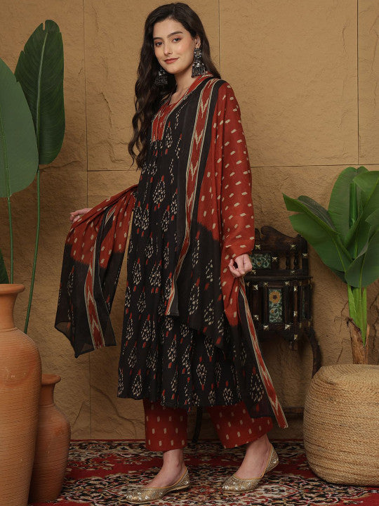 Sangria Women Ethnic Motifs Printed Cotton Anarkali Kurta with Trousers & Dupatta