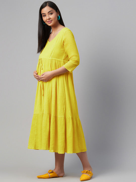 Women Lime Green Solid Tiered Maternity A-Line Dress