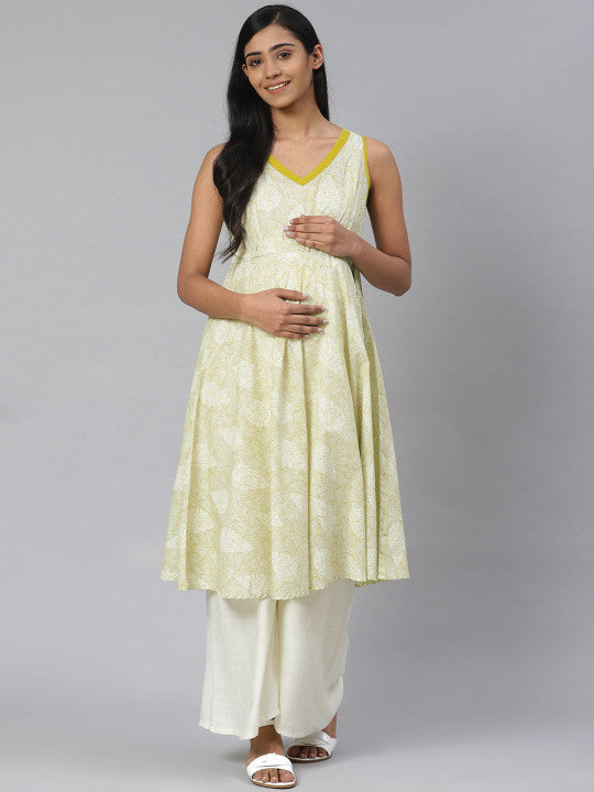 Women Green & Off-White Ethnic Motif Pure Cotton Printed Anarkali Kurta