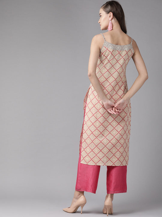 anayna Women Beige & Pink Screen Print Straight Kurta