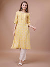 House of Pataudi Yellow Floral Printed Round Neck Straight Kurta