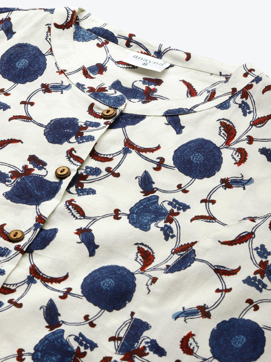 anayna Women White & Navy Blue Ethnic Motifs Screen Print Cotton Kurta