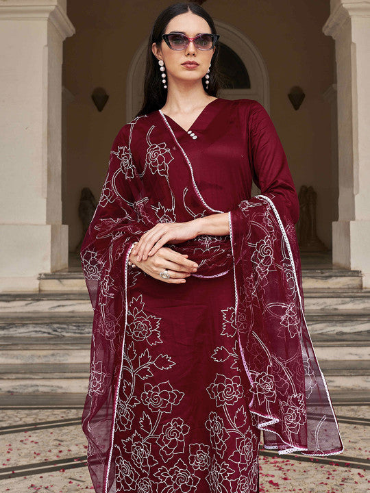 Tikhi Imli Floral Embroidered Thread Work Kurta with Trousers & Dupatta