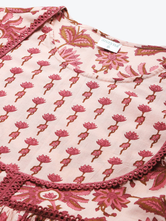 anayna Women Pink Printed Kurta with Trousers