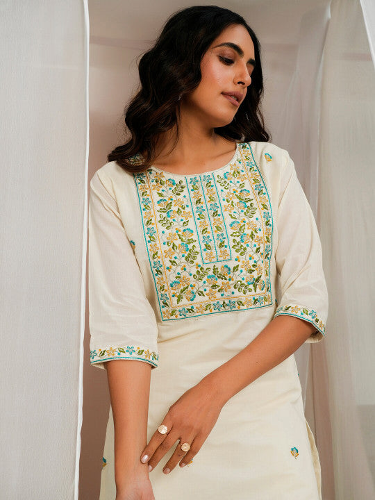 Libas Floral Embroidered Yoke Cotton Straight Kurta