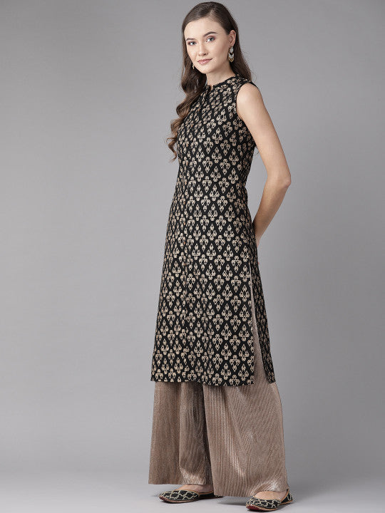 Women Black & Golden Printed Straight Kurta