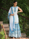 Juniper Women Blue & Off-White Embroidered Kurta with Sharara & Dupatta