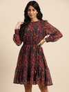 All about you Navy Blue & Maroon Floral A-Line Dress