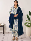Anayna Floral Printed Panelled V-Neck Pure Cotton Aanarkali Kurta with Trousers & Dupatta