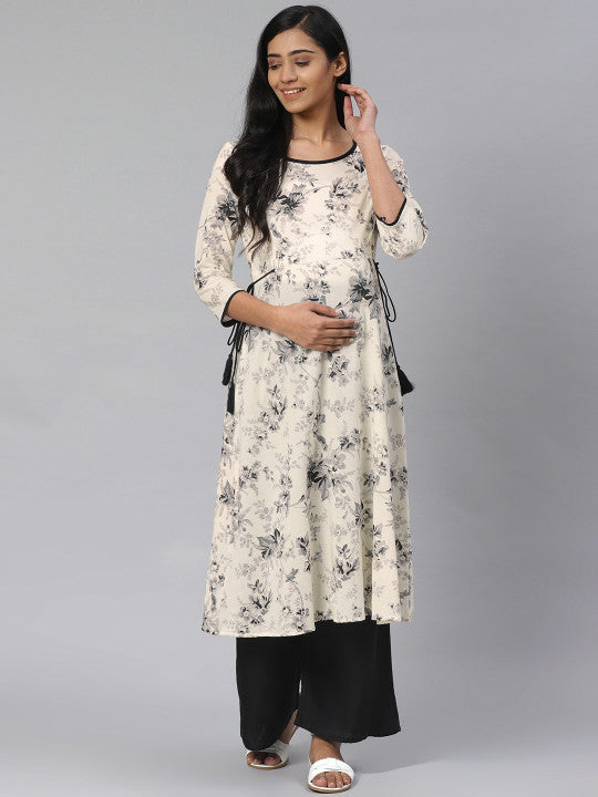 Women Off-White & Grey Floral Print A-Line Maternity Kurta