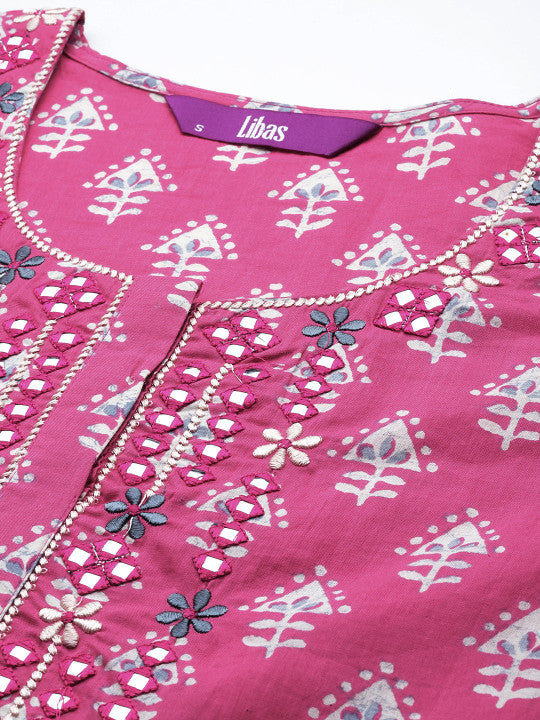 Libas Ethnic Motifs Printed Mirror Work Pure Cotton Kurta with Trousers & With Dupatta