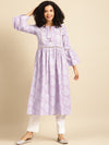 Anayna Women Lavender & White Paisley Screen Print Bell Sleeves Cotton Pastels Kurta
