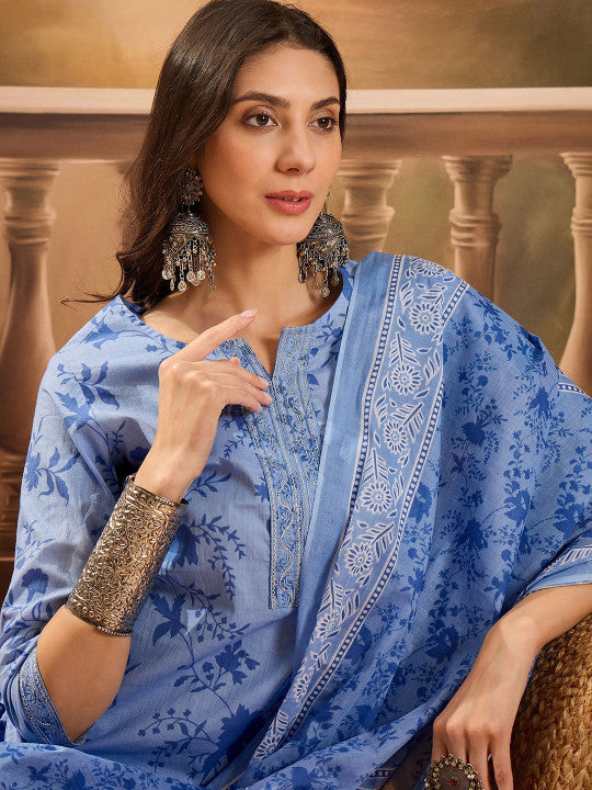 Sangria Floral Printed Notch Neck Pure Cotton Straight Kurta With Trousers & Dupatta