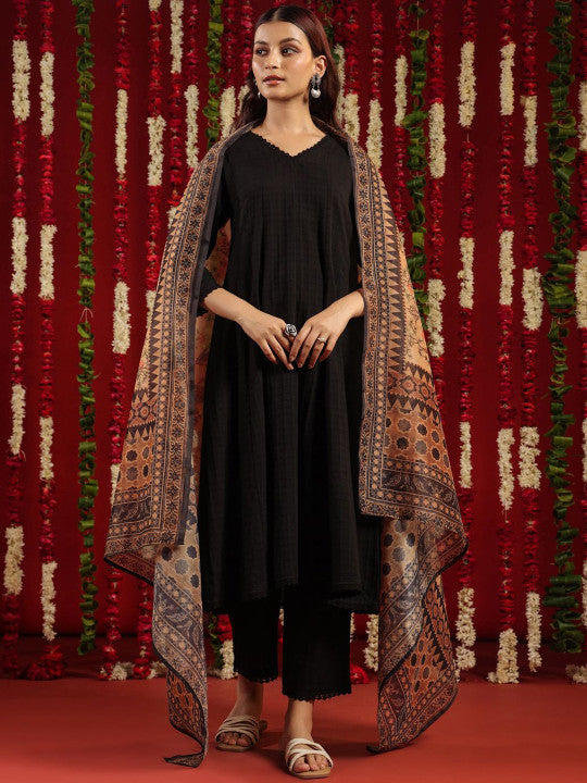 anayna Black & Orange Geometric Woven Design Cotton Anarkali Kurta with Trousers & Dupatta