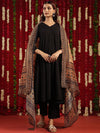 Anayna Black & Orange Geometric Woven Design Cotton Anarkali Kurta with Trousers & Dupatta