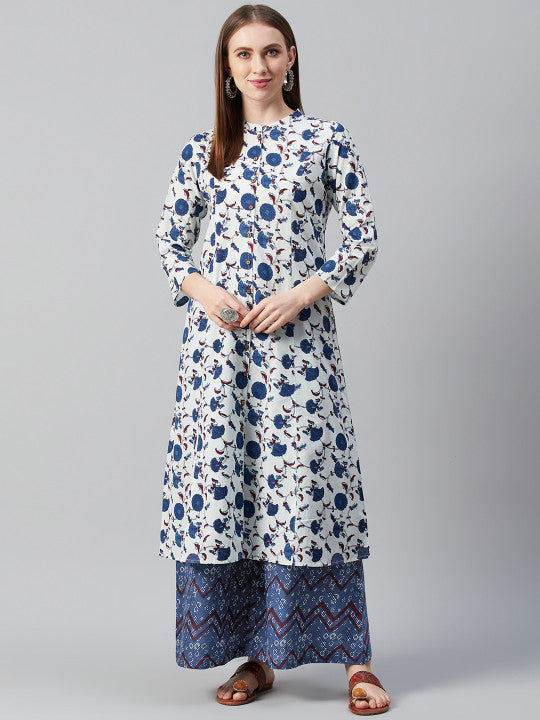 Women White & Navy Blue Printed Kurta with Palazzos
