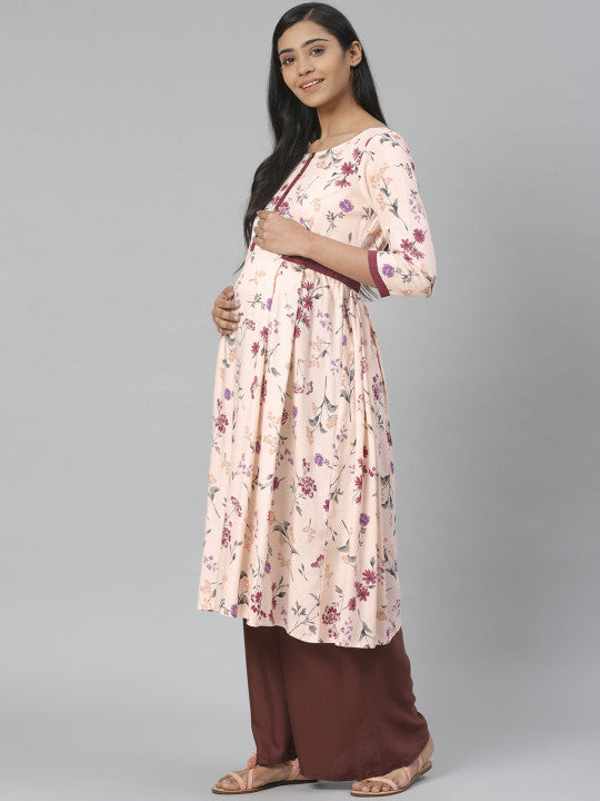 Women Peach-Coloured & Burgundy Floral Print A-Line Maternity Kurta