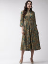 All about you Mustard Brown & Green Floral Printed A-Line Midi Dress