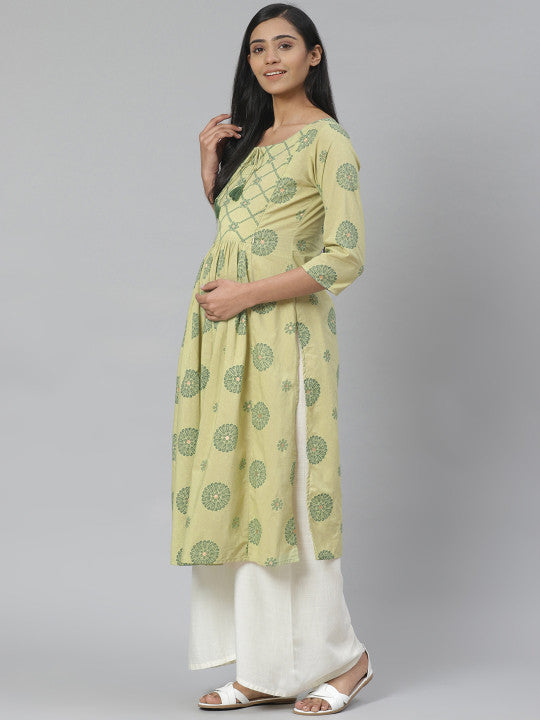 Women Green Printed Straight Pure Cotton Feeding Maternity Kurta